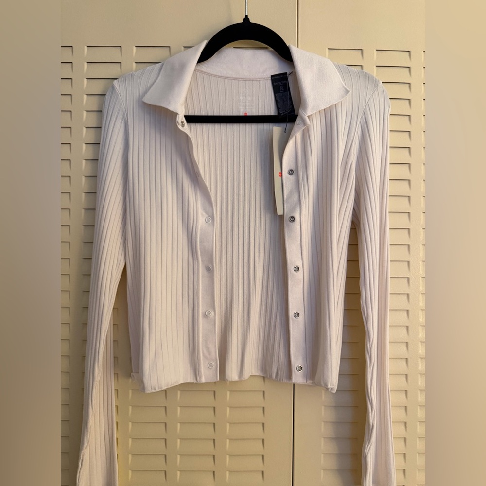 Sweaty Betty Selene Ribbed Knit Cardigan Lily White Snap Front Size S NWT